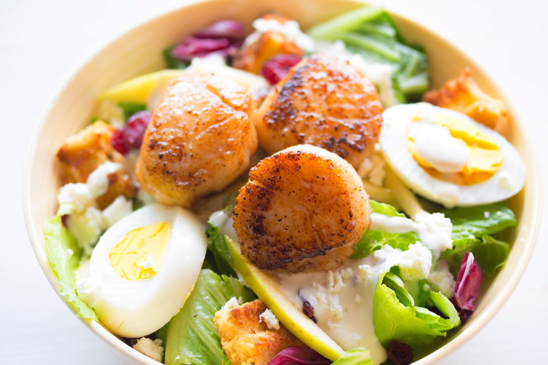 Three seared scallops with a deep brown crust on a salad of lettuce, halved boiled eggs, croutons and dressing