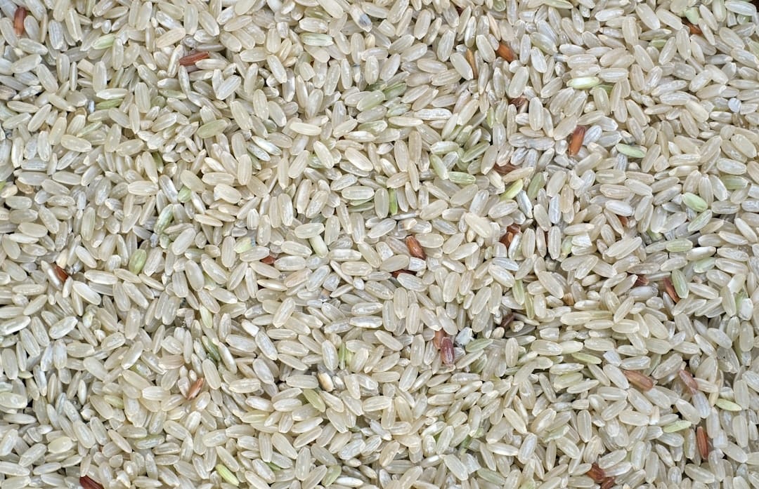Close-up pile of uncooked brown rice grains
