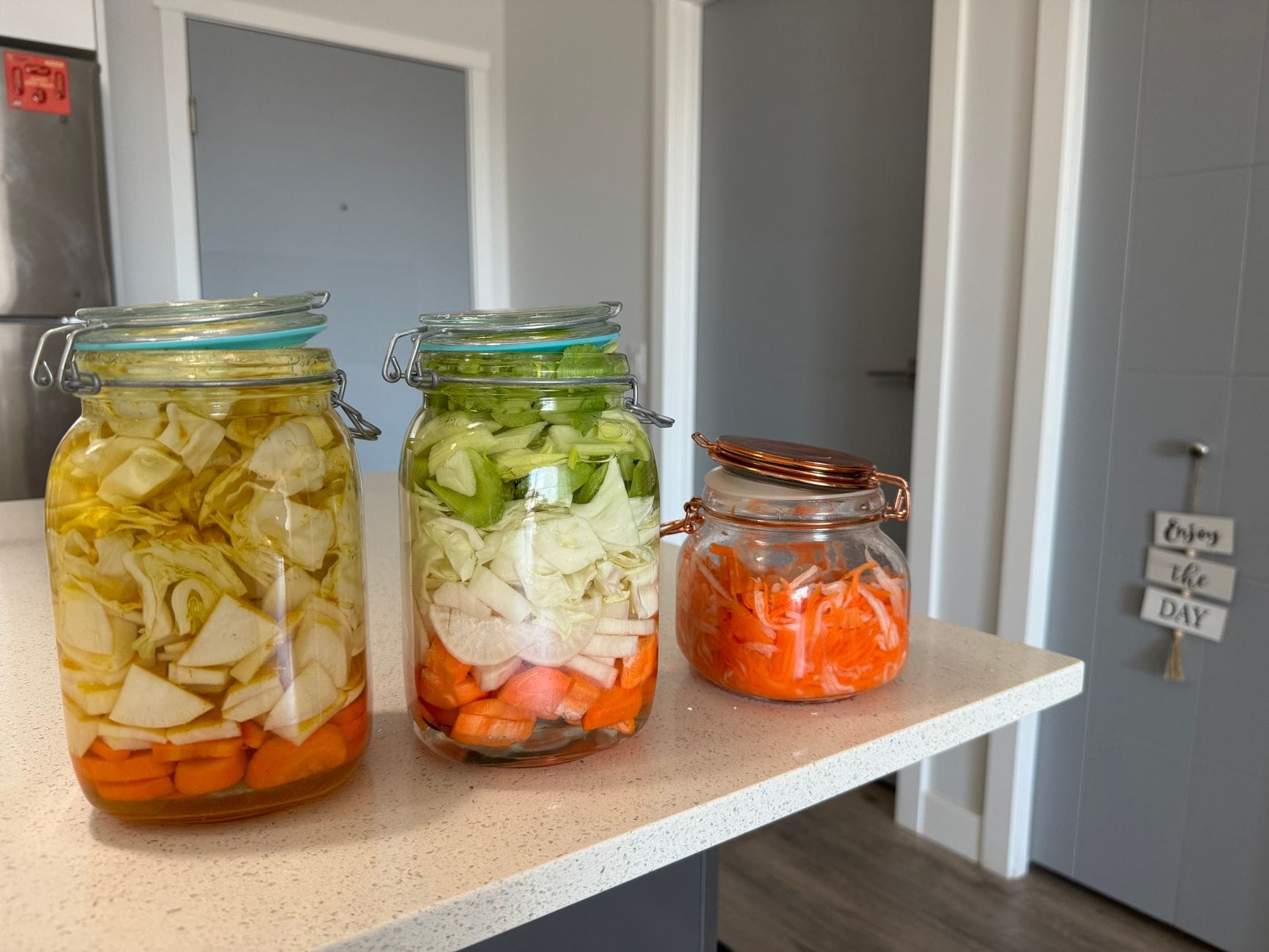Three glass clip-top jars of home-fermented cabbage, carrot and celery on a kitchen counter